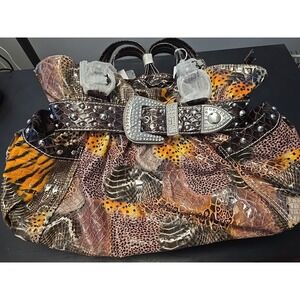 NEW GG...ing Animal Print Cowgirl Silver Belt Buckle Western Look Purse handbag